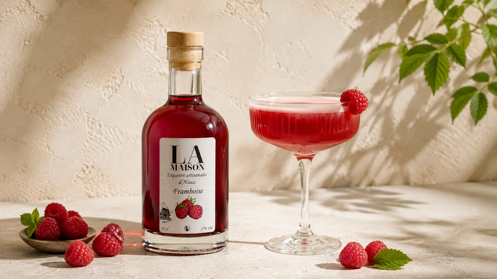 Liqueur artisanale Framboise La Maison et son cocktail, sur une table de pierre