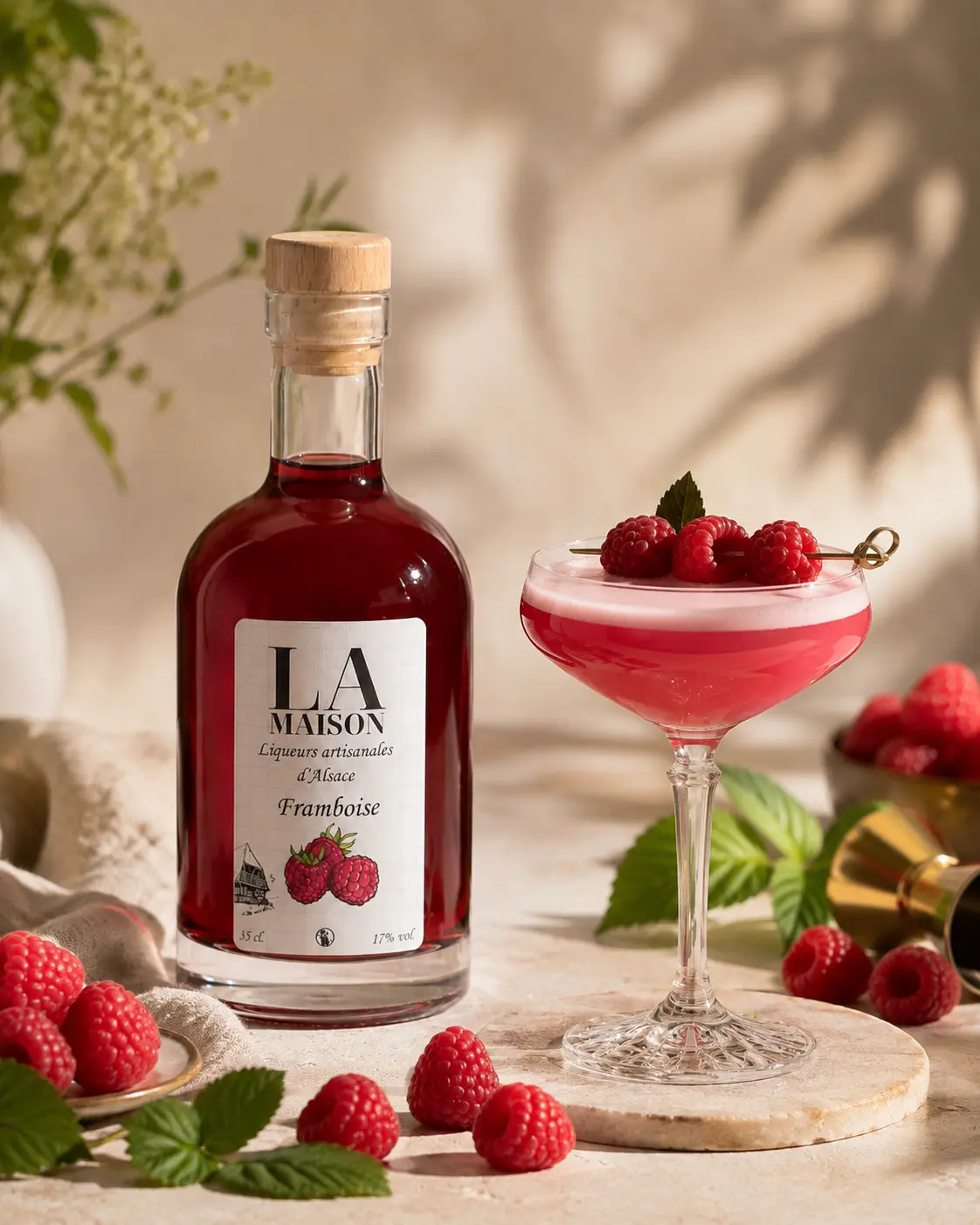 Cocktail Framboise Royale préparé avec la liqueur Framboise de La Maison