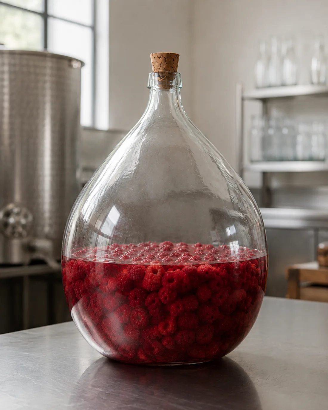 Dame-jeanne en verre remplie de framboises en macération dans l'atelier