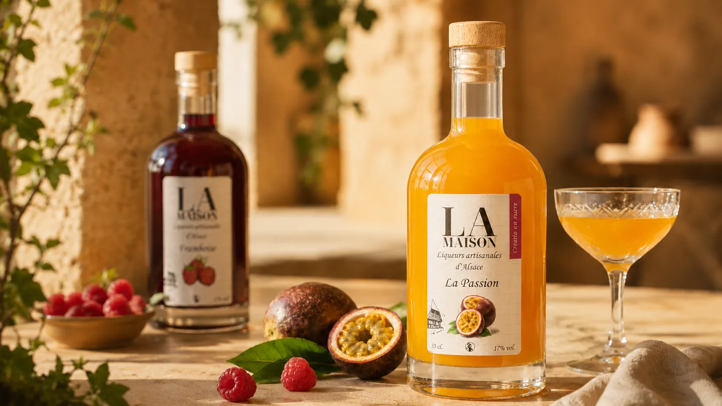 Bouteille de liqueur artisanale La Passion de La Maison, au premier plan avec un cocktail et des framboises, en Alsace